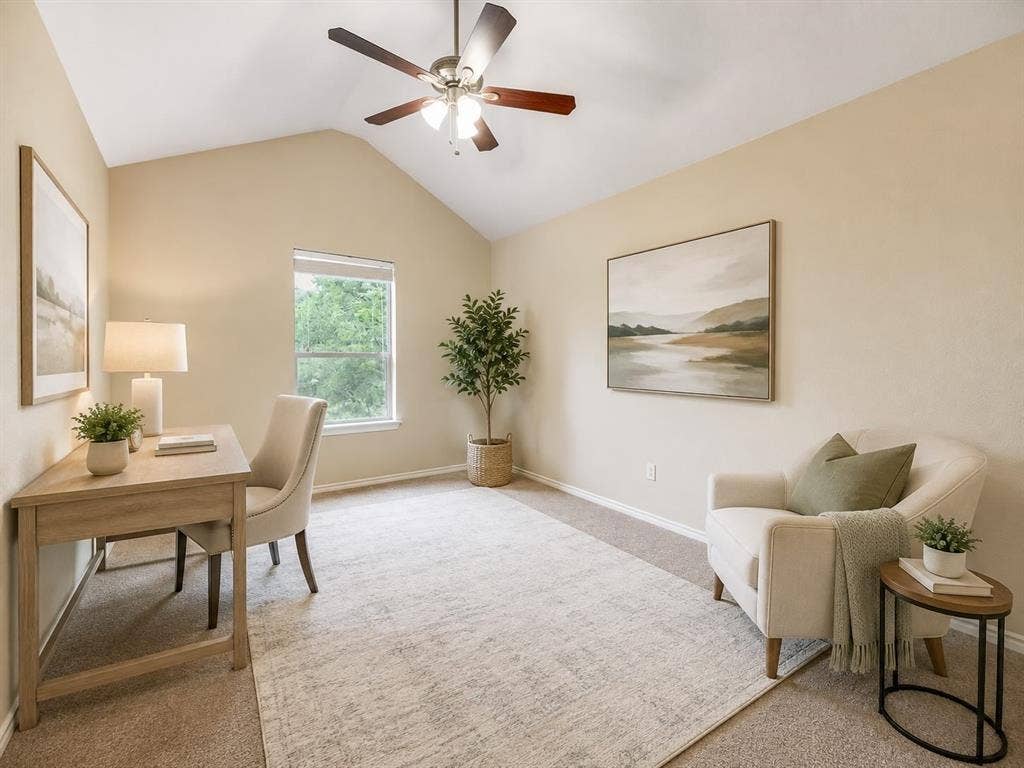 7030 Pecan Creek Circle, Midlothian, TX 76065 Vaulted ceiling, ceiling fan with integrated lighting, carpeted flooring, window with natural light, neutral wall colors