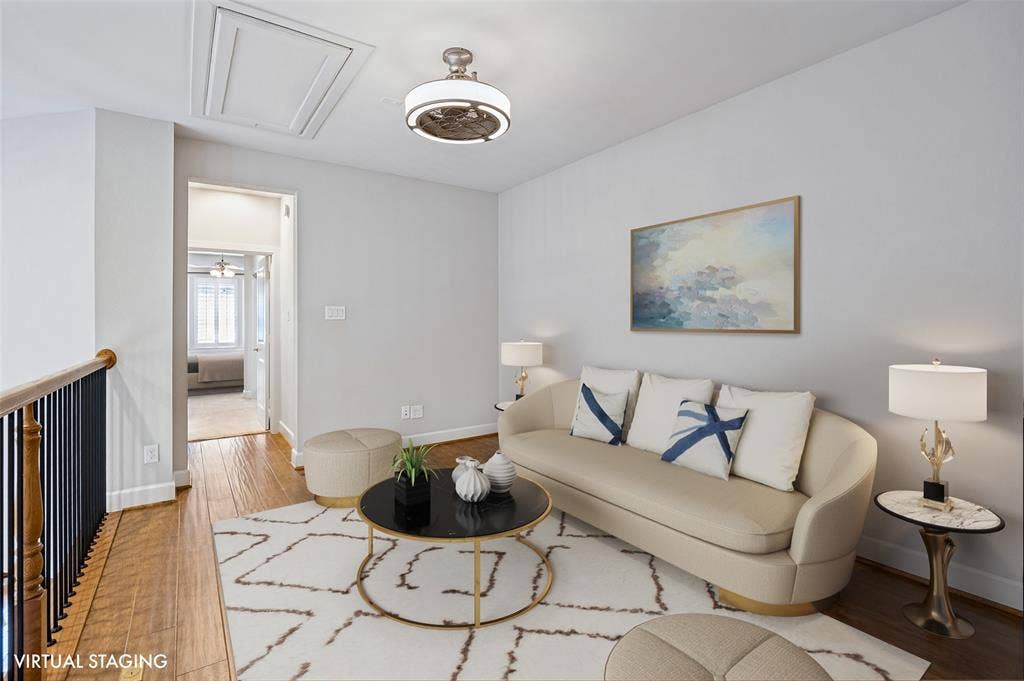 Versatile upstairs living area offers a comfortable retreat for movie nights, reading, play or simply unwinding.