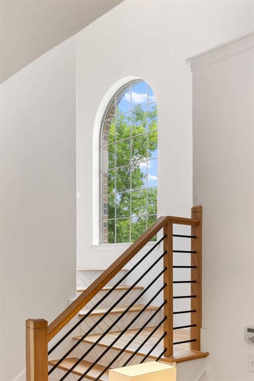 7011 Nueces Drive, Irving, TX 75039 Arch-top window with grid detailing, natural wood staircase railing, horizontal metal balusters, and crown molding