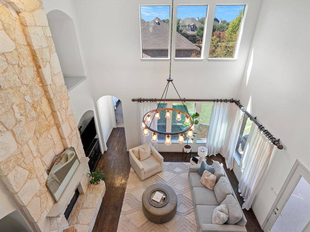Aerial view of main living space from upstairs game room