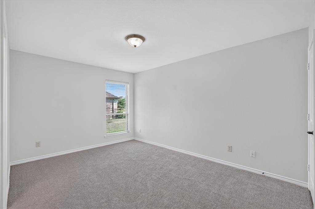 Neutral wall paint, gray carpeting, single window, overhead light fixture