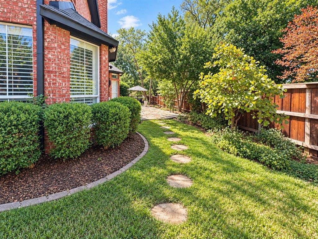 2912 Meadow Glen Drive, Flower Mound, TX 75022 Brick exterior with white-trimmed windows, established shrubbery, a stone paver walkway, and a wooden privacy fence