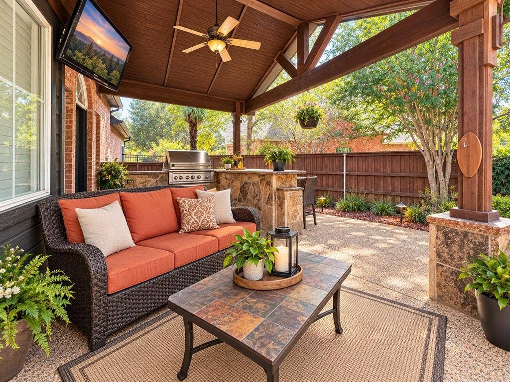 2912 Meadow Glen Drive, Flower Mound, TX 75022 Covered patio featuring exposed aggregate concrete flooring, an outdoor kitchen with built-in grill, and a wood-finish ceiling with a ceiling fan