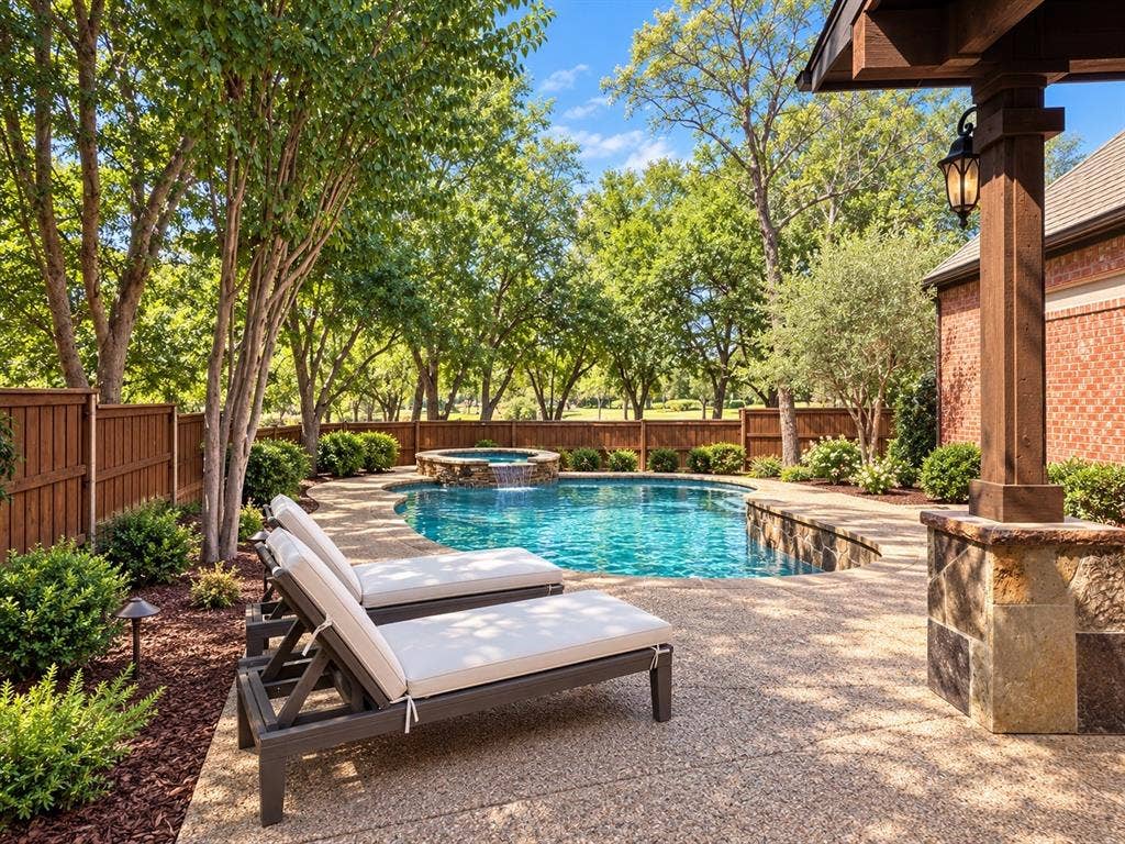 2912 Meadow Glen Drive, Flower Mound, TX 75022 Curved swimming pool with an integrated spa, exposed aggregate concrete patio, mature trees, and a privacy fence