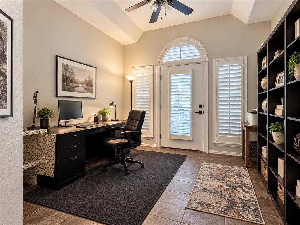 2912 Meadow Glen Drive, Flower Mound, TX 75022 Vaulted ceiling with a ceiling fan, arched transom window, white plantation shutters, built-in shelving, and tile flooring