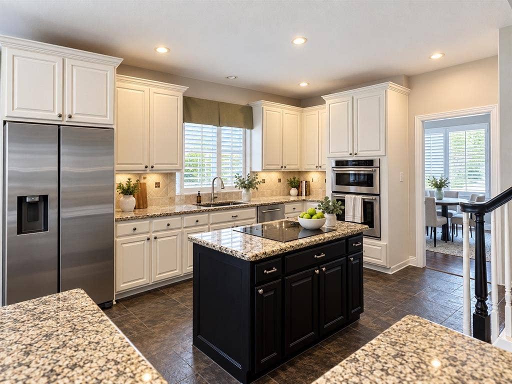 2912 Meadow Glen Drive, Flower Mound, TX 75022 Gourmet kitchen with white cabinetry, stainless steel appliances, a central island with a cooktop, stone countertops, and tile flooring