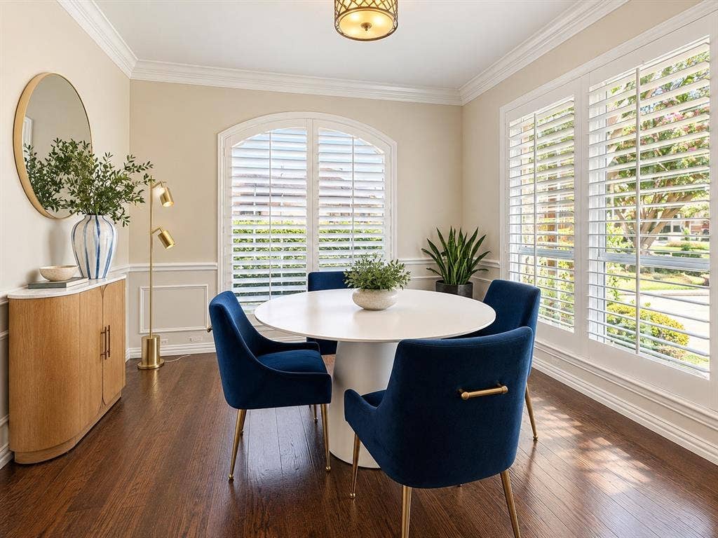2912 Meadow Glen Drive, Flower Mound, TX 75022 Wood-finish flooring, white crown molding, and plantation shutters