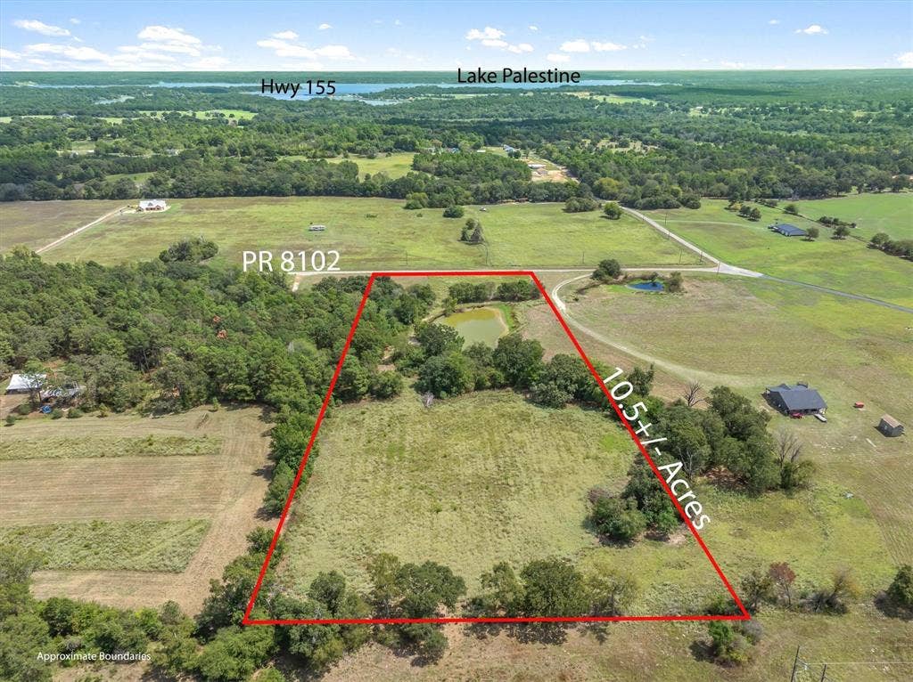 24619 Private Road 8102, Frankston, TX 75763 10.5+/- acre lot featuring a private pond, mature trees, and open grassy areas
