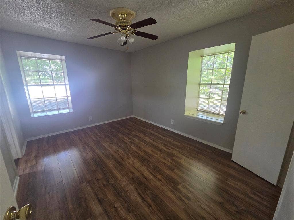 1717 N Locust Street, #6, Denton, TX 76201 Wood-finish flooring with a ceiling fan light fixture and two windows