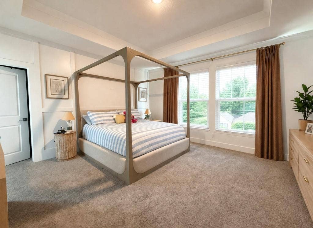 1411 Potenza Road, Fate, TX 75087 Recessed ceiling with molding, wall paneling, dual windows, and carpeted flooring