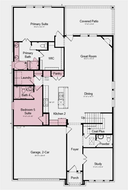 4108 Jacksonville Drive, McKinney, TX 75071 First Floor Plan - Additional Highlights Include: slide-in tub at primary bath and gas drop at patio