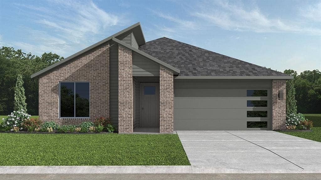 Front Elevation - D.R. Horton's Texas Mockingbird floor plan elevation P-All Home and community information, including pricing, included features, terms, availability and amenities, are subject to change at any time without notice or obligation. All Drawings, pictures, photographs, video, square footages, floor plans, elevations, features, colors and sizes are approximate for illustration purposes only and will vary from the homes as built.