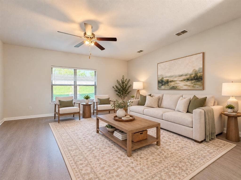 Recessed lighting, wood-finish flooring, ceiling fan, and window with blinds