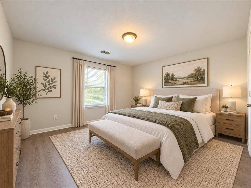Neutral wall tones, recessed lighting, expansive window with blinds, wood-finish flooring, and a flush mount ceiling fixture