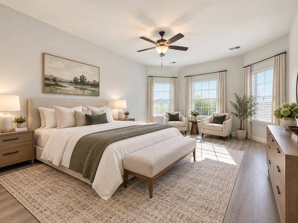 Recessed lighting, wood-finish flooring, ceiling fan, and multiple windows with blinds