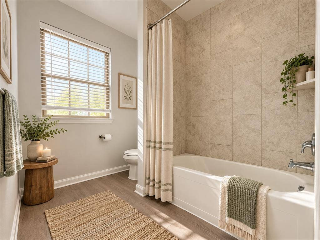 Full-size bathtub with tiled surround, wood-finish flooring, and window with blinds