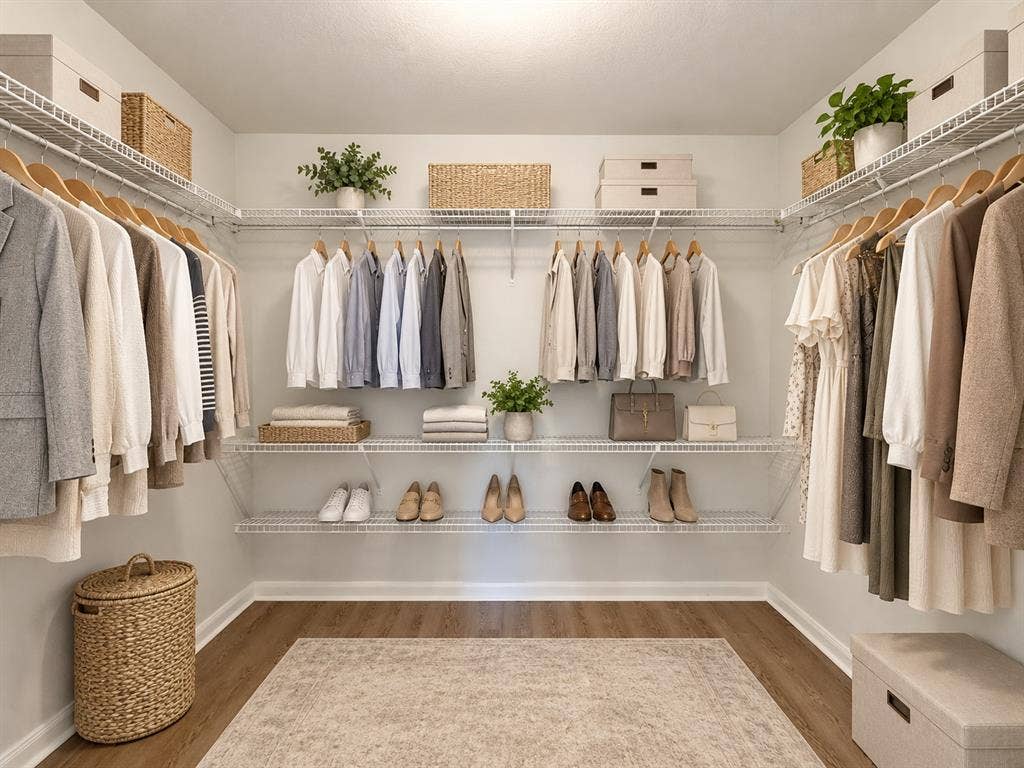 Walk-in closet featuring wire shelving, hanging rods, and wood-finish flooring