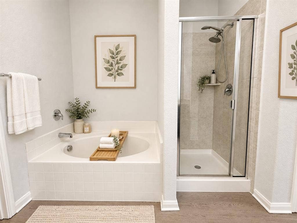 Soaking tub with white tile surround, adjacent to a glass-enclosed shower with tiled walls