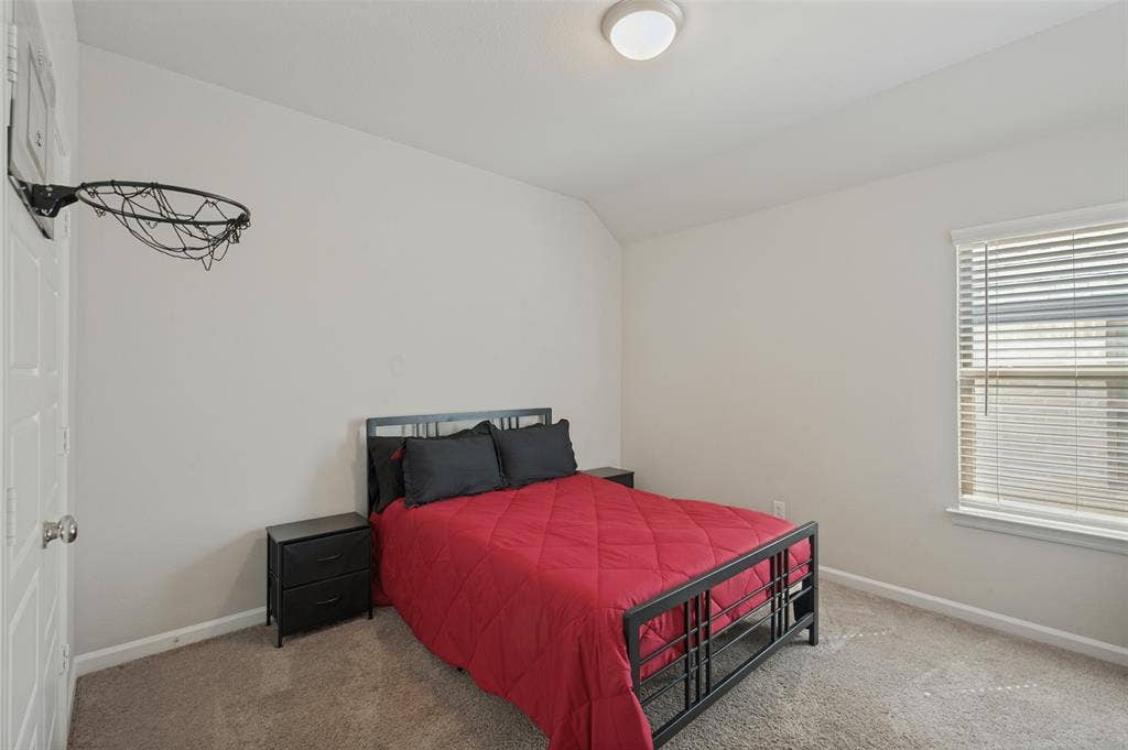 632 Cherry Hills Road, Red Oak, TX 75154 Carpeted room with a single window, white window blinds, and a flush mount ceiling light fixture