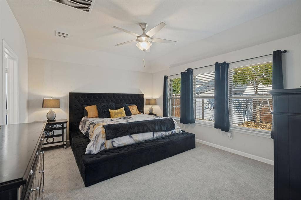 632 Cherry Hills Road, Red Oak, TX 75154 Recessed lighting, ceiling fan with integrated lighting, multiple windows, carpeted flooring, and neutral wall paint