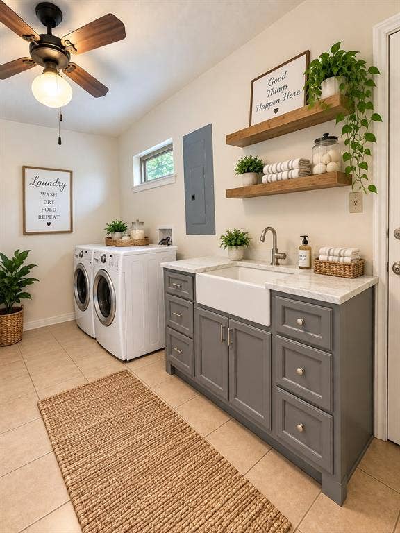 102 Rye Place, Gun Barrel City, TX 75156 Tile flooring, ceiling fan, built-in shelving, gray cabinetry, and a white farmhouse sink