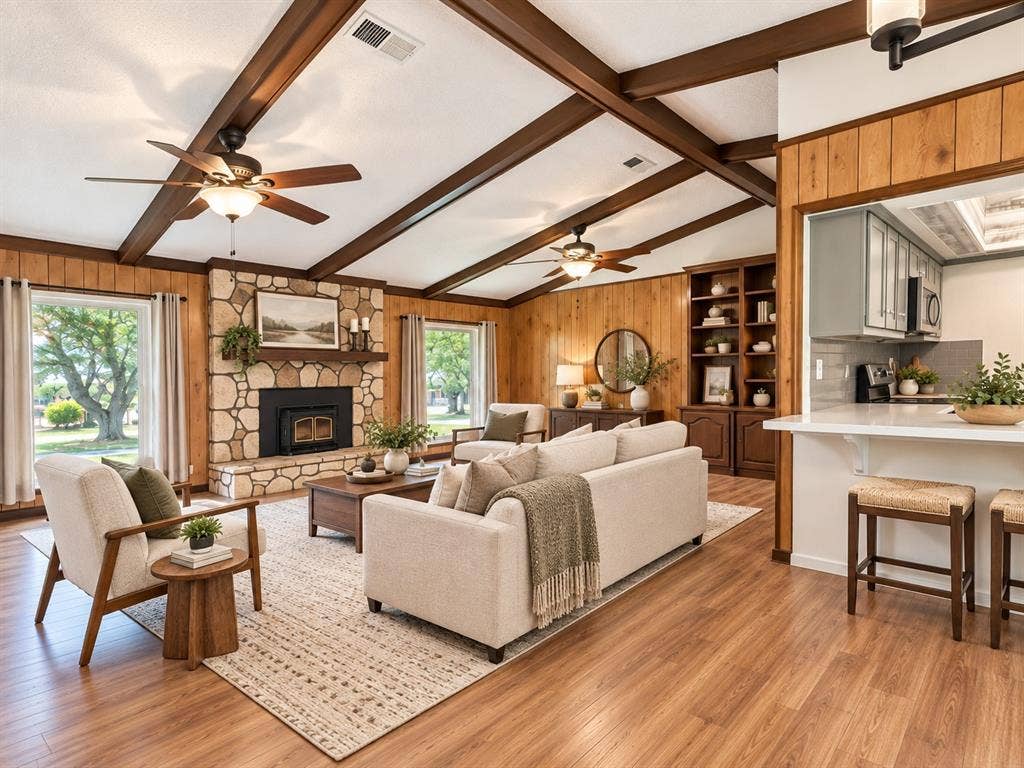 102 Rye Place, Gun Barrel City, TX 75156 Vaulted ceiling with wood beams, stone fireplace with hearth, wood-finish flooring, built-in shelving, and a kitchen pass-through with breakfast bar