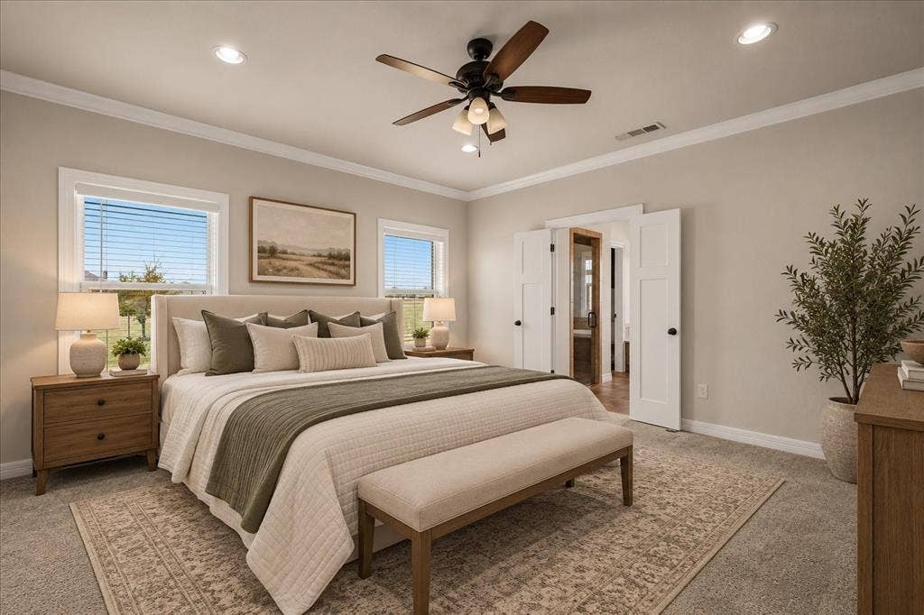 3674 County Road 2142, Caddo Mills, TX 75135 Recessed lighting, crown molding, double pane windows, ceiling fan, and double doors