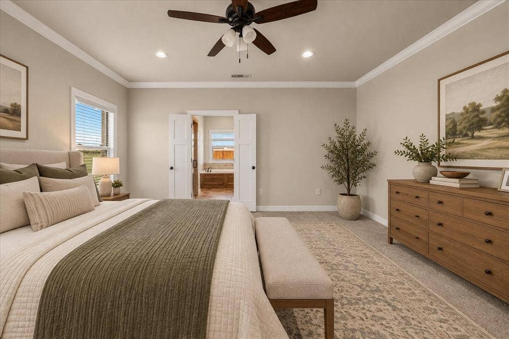 3674 County Road 2142, Caddo Mills, TX 75135 Recessed lighting, ceiling fan, crown molding, double doors, and a window with blinds