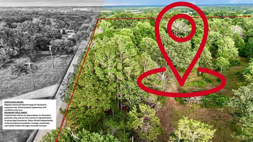 0 Gibson Road, Athens, TX 75751 Aerial at Gibson Rd. Location Point added. Photo has been digitally altered.