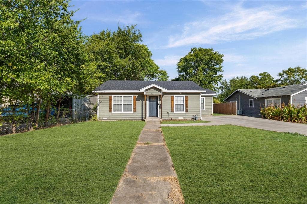 3605 Rolando Avenue, Waco, TX 76711 Single-story residence featuring light gray siding with white trim, dark roof, and a front entry with a dark door and side panels