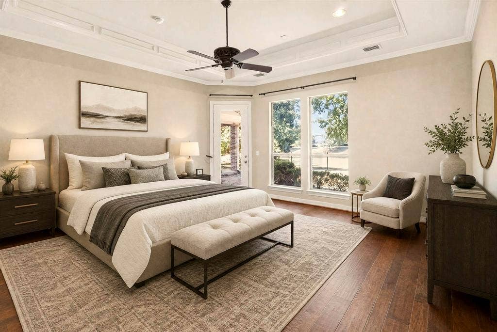 112 Winsley Circle, McKinney, TX 75071 Water Views. Virtually staged first floor primary bedroom with patio access. Tray ceiling with crown molding, ceiling fan, expansive windows, and a glass-paneled door. Ensuite