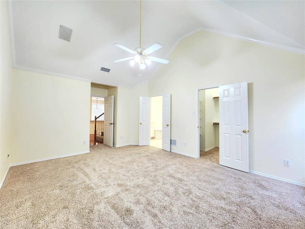 10307 Asheboro Street, Frisco, TX 75035 Vaulted ceilings, a ceiling fan, and plush carpet flooring