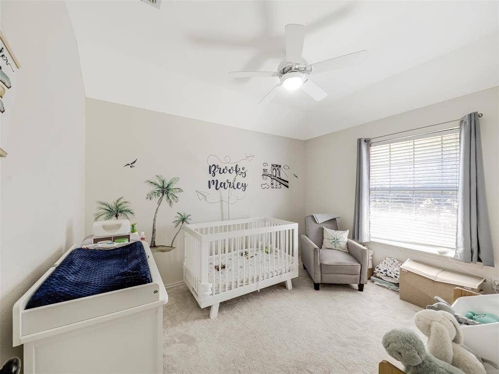 1206 Bel Air Drive, Allen, TX 75013 Recessed lighting, ceiling fan with light fixture, large window with blinds, light gray wall paint, and light-colored carpeting throughout