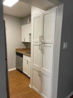 2200 W Lowden Street, #22, Fort Worth, TX 76110 White shaker-style cabinetry with brushed nickel hardware, wood-finish flooring, and a stainless steel dishwasher