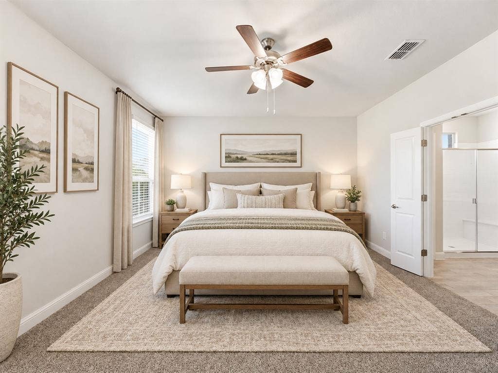 Neutral wall paint, ceiling fan with light fixture, window with blinds, wood-finish bedside tables, and carpeted flooring