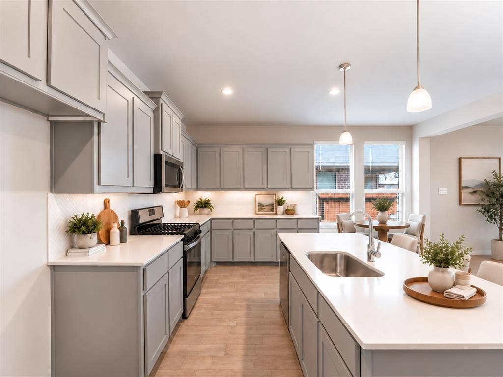 Kitchen featuring abundant gray cabinetry, white countertops, stainless steel appliances, a center island with sink, and wood-finish flooring