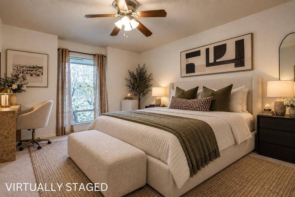Window with exterior views, ceiling fan with integrated lighting, recessed lighting, and wall-to-wall carpeting