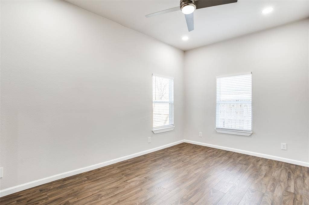 2316 Marburg Street, Dallas, TX 75215 Empty room featuring baseboards, recessed lighting, a ceiling fan, and dark wood finished floors