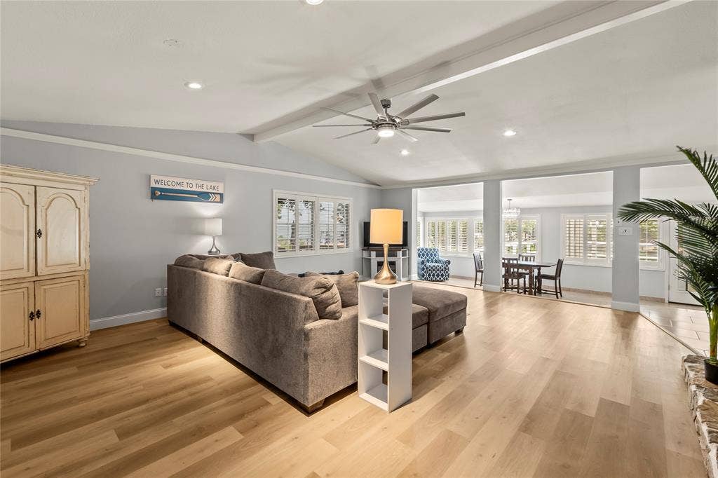 110 Henderson Harbor Circle, Payne Springs, TX 75156 Vaulted ceiling with exposed beams, wood-finish flooring, recessed lighting, ceiling fan, and plantation shutters
