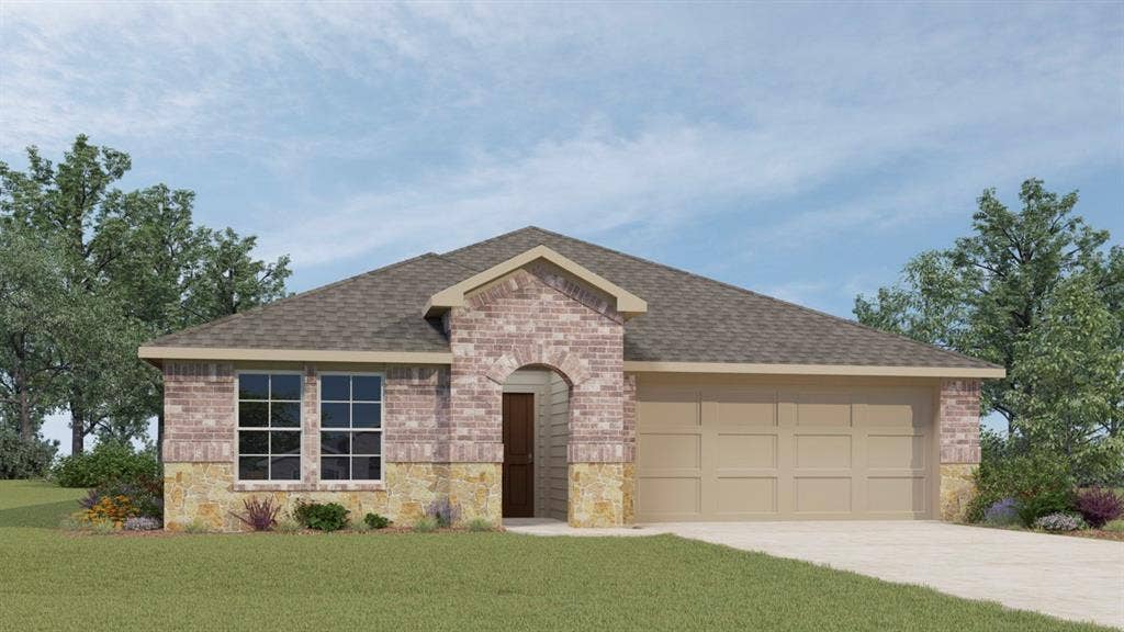810 Parksville Drive, Ferris, TX 75125 Single-story property with a brick and stone facade, arched entry, gabled roof, and attached two-car garage