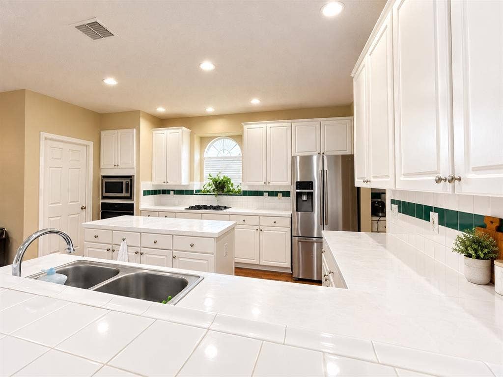 10316 Donley Drive, Irving, TX 75063 White cabinetry, tile countertops, stainless steel appliances, recessed lighting, and a kitchen island with storage