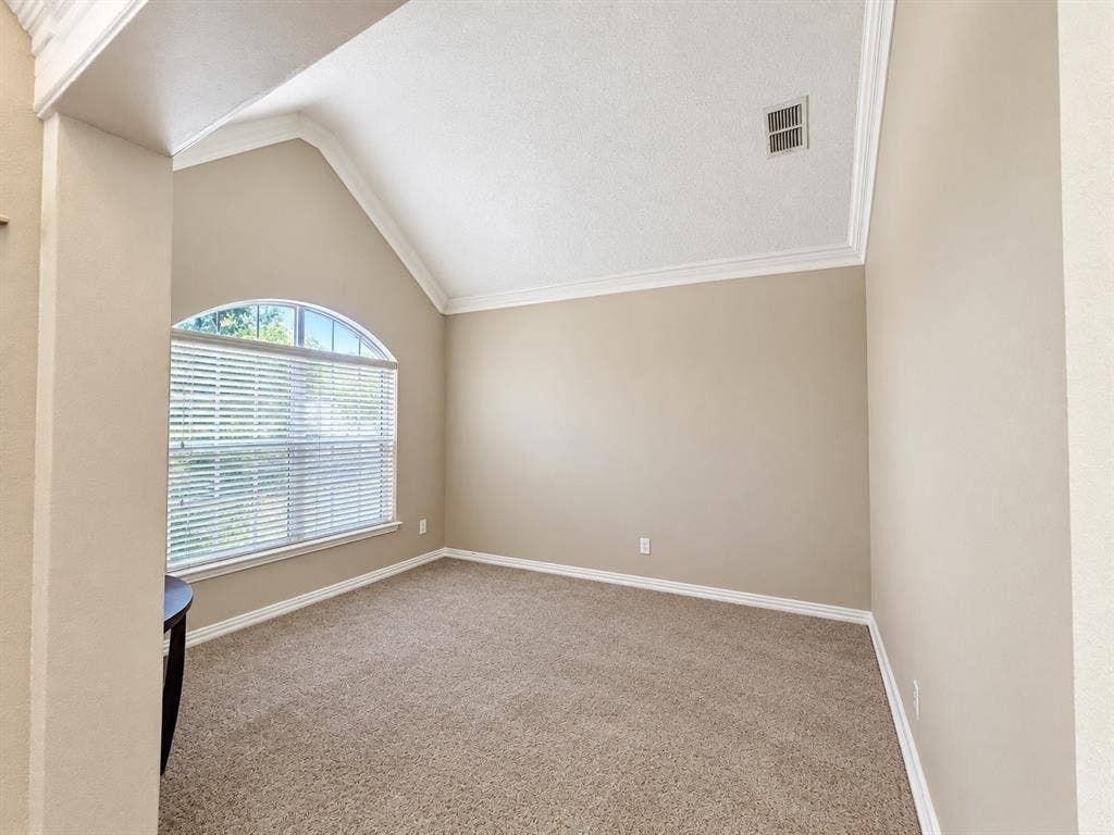 10316 Donley Drive, Irving, TX 75063 Vaulted ceiling, arched window with blinds, crown molding, and neutral-toned carpeting
