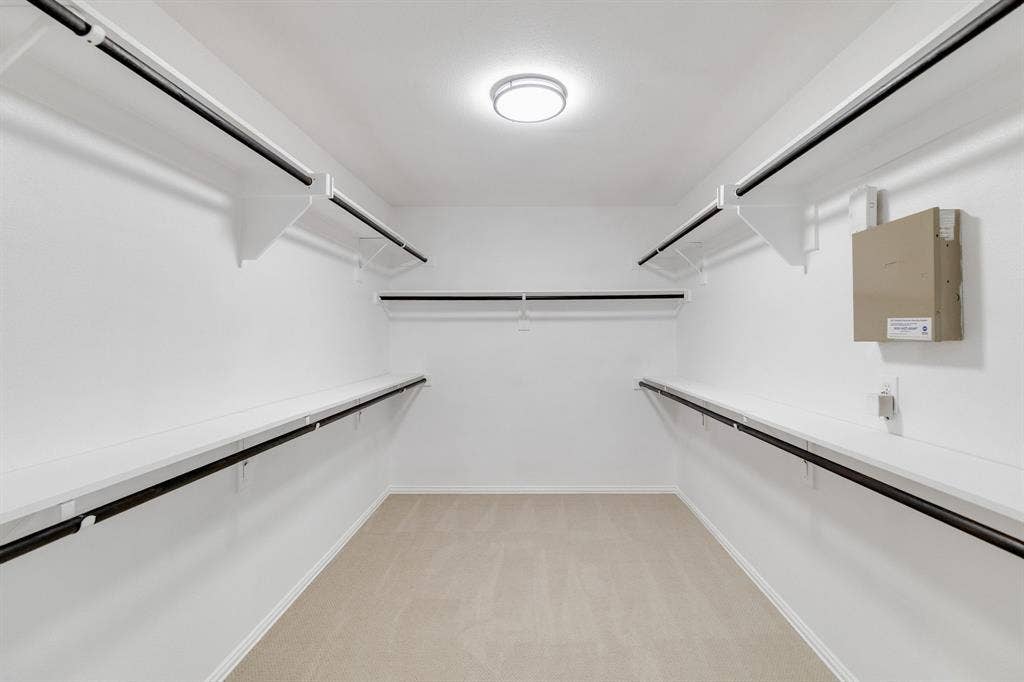 239 Glen Ridge Drive, Murphy, TX 75094 Walk-in closet with carpet flooring, white walls, built-in shelving, and hanging rods