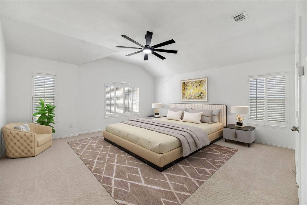 239 Glen Ridge Drive, Murphy, TX 75094 Vaulted ceiling with a contemporary ceiling fan, dual windows featuring plantation shutters, neutral-toned carpet flooring, and a white interior door