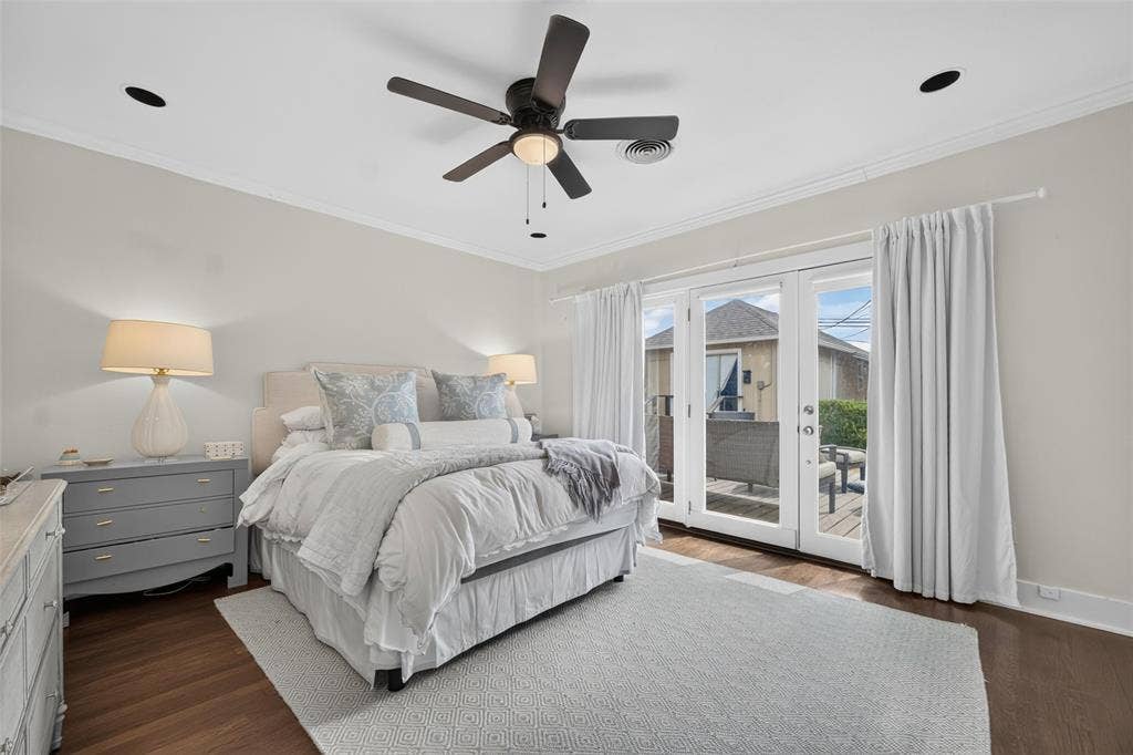 5630 Vanderbilt Avenue, Dallas, TX 75206 Recessed lighting, crown molding, ceiling fan, wood-finish flooring, and French doors leading to an outdoor space