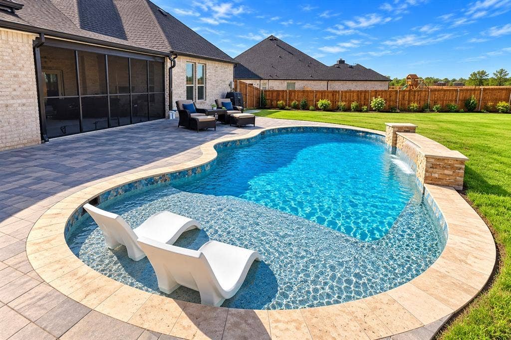 Freeform swimming pool with a sun shelf and water feature