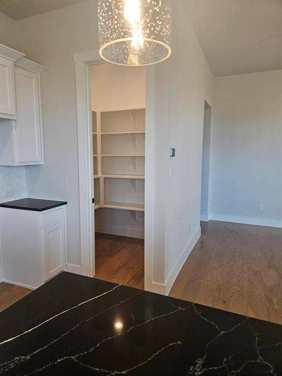 221 Chestnut Street, Celina, TX 75009 Built-in pantry with multiple shelves, black countertop with white veining, wood-finish flooring, white cabinetry, and a decorative ceiling light fixture