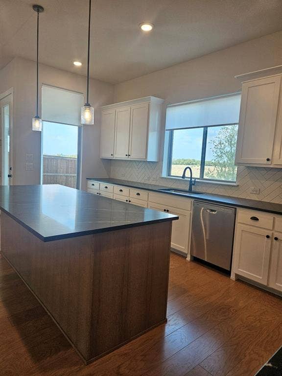 221 Chestnut Street, Celina, TX 75009 Kitchen featuring an expansive island with a dark countertop, stainless steel dishwasher, white shaker-style cabinetry, and wood-finish flooring