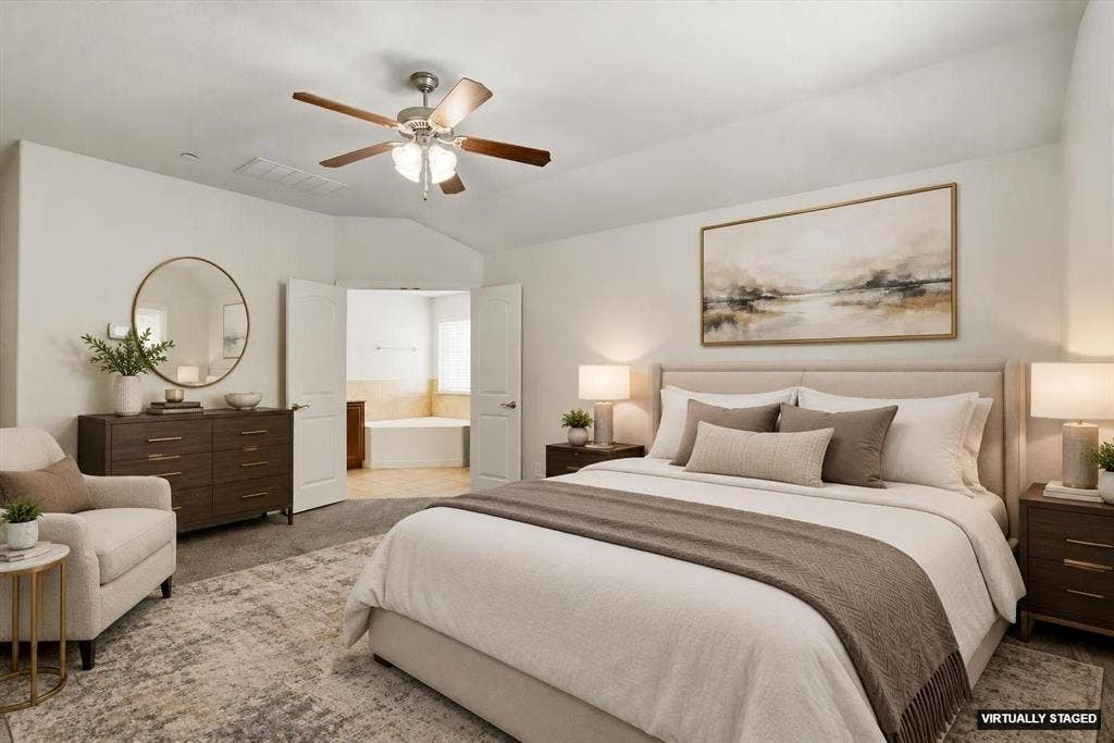 6529 Rutherford Road, Plano, TX 75023 The Primary Bedroom is nicely sized and offers a huge walk-in closet (virtually staged).