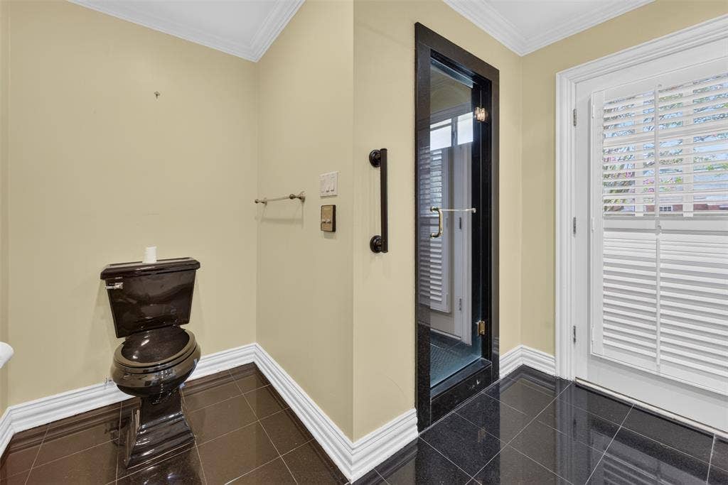702 Mulberry Drive, Athens, TX 75751 Black tile flooring, white crown molding, black toilet, glass-paneled door, and a white plantation shutter window